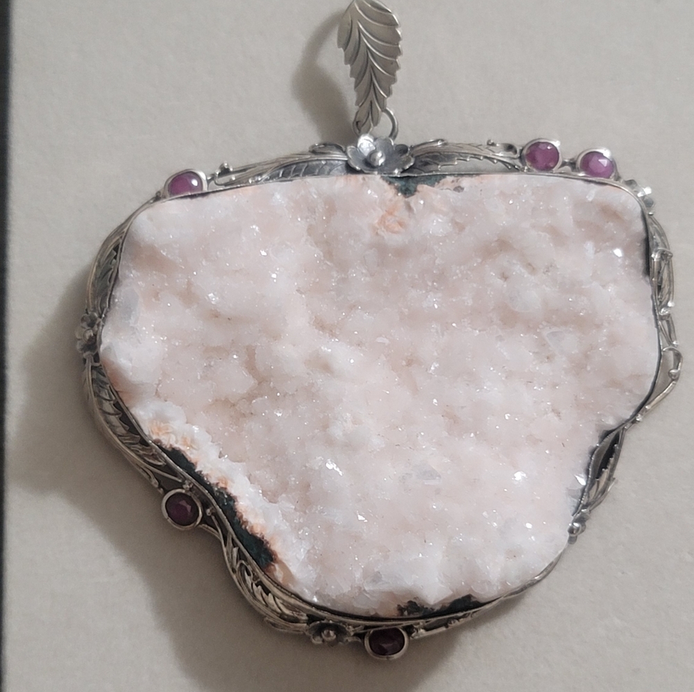 925 Sterling Silver Huge Natural Druzy Crystal And Ruby Pendant